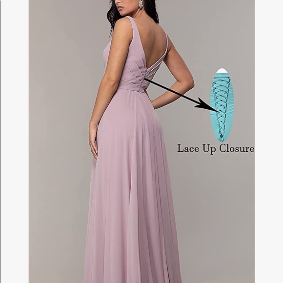 Navy blue dress with slit and lace up back. - Picture 3 of 4